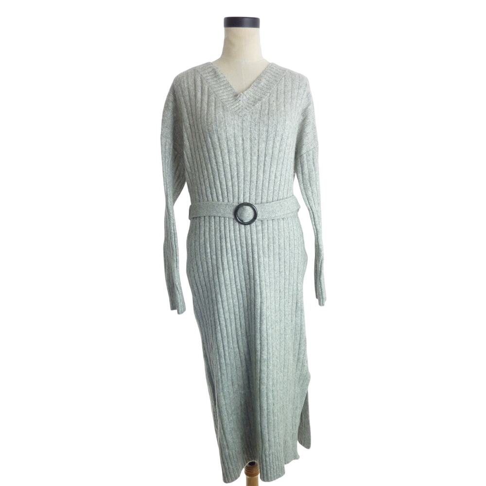 Tahari Sweater Dress Size M Light Gray Rib Knit Belted Long Sleeve Midi Sheath